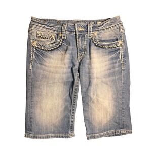 Miss Me Bermuda Denim Shorts Embellished‎ Flap Pockets Light Wash Size 30 Y2K